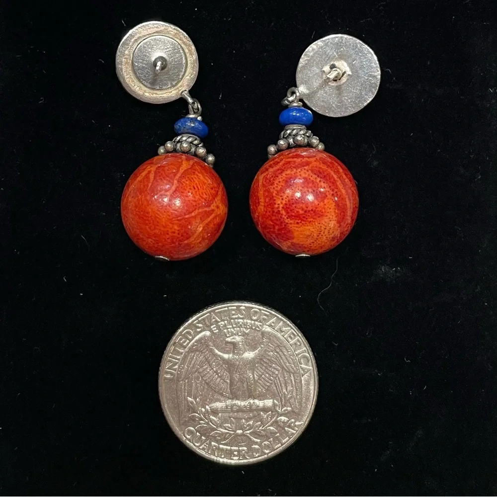 Vintage Ornate Silver Lapis an Coral Dangle Earrings - Picture 2 of 2